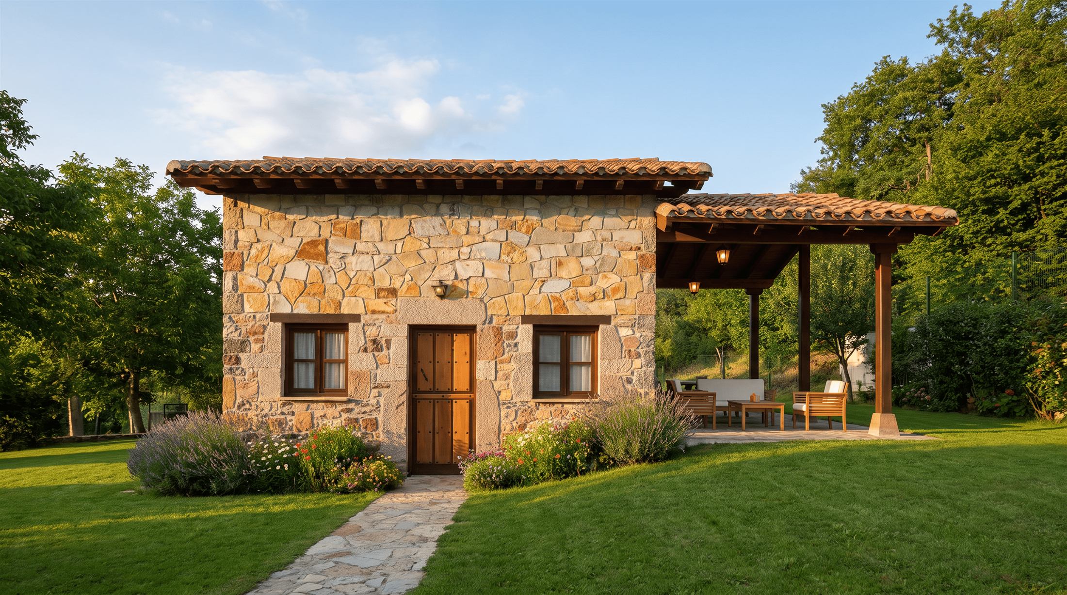 Fachada de piedra de Casa Rural La Cabaña con porche de madera